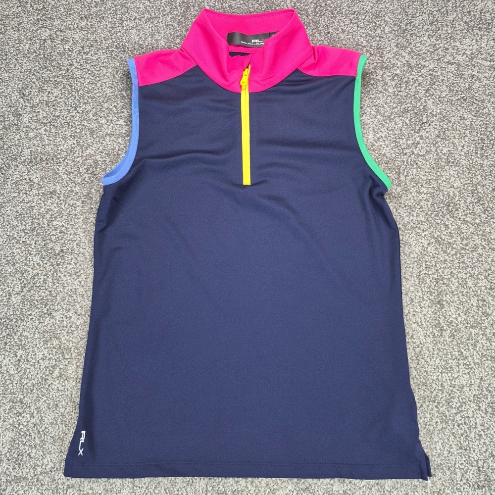 RLX Ralph Lauren Sleeveless Golf Shirt Girls Large 12-14 Navy 1/4 Zip Colorblock